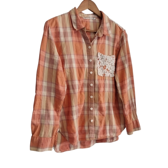 Hippie Laundry Size L Crochet Embellished Plaid Button Cowgirl Long Sleeve Shirt - Picture 3 of 11